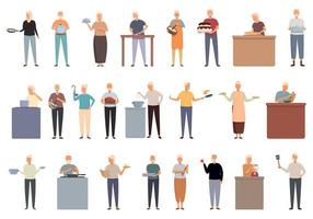 Older people cooking icons set cartoon vector. Elder woman vector