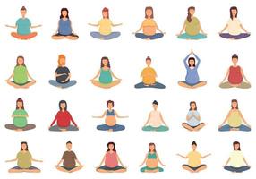 Pregnant woman meditating icons set cartoon vector. Yoga mother vector