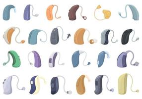 Hearing aid icons set cartoon vector. Ear volume vector