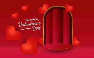 Abstract red 3D room with realistic cylinder stand or podium set on heart shape background. Valentine day minimal scene for product display presentation vector