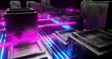 The abstract background uses a cube pattern with a metallic and voronoi texture, there are purple and blue laser beams, a perspective camera, 3d rendering, and 4K size photo