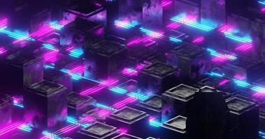 Abstract background using small cube pattern with metallic and voronoi texture, purple and blue laser light, perspective camera, 3d rendering and 4K size photo