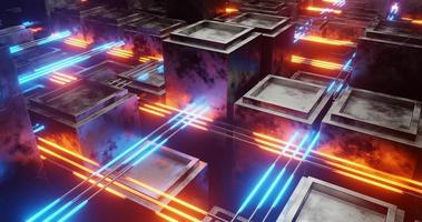 Abstract background using building pattern with metallic and voronoi texture, orange and blue laser light, perspective camera, 3d rendering and 4K size photo