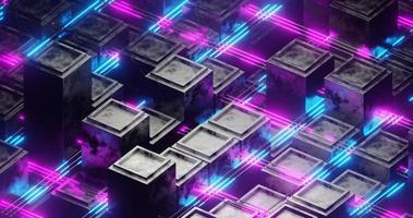 Abstract background using a pattern of small cubes with a metallic and voronoi texture, purple and blue laser light, orthographic camera, 3d rendering, and 4K size photo