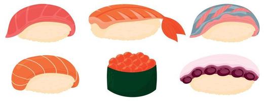 conjunto de sushi de dibujos animados. salmón, atún, camarones, pulpo, iwashi, caviar rojo. cocina japonesa, iconos de comida tradicional sobre fondo blanco