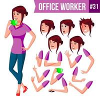 Office Worker Vector. Woman. Happy Clerk, Servant, Employee. Business Human. Face Emotions, Various Gestures. Animation Creation Set. Isolated Character Illustration vector