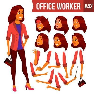 Office Worker Vector. Woman. Professional Officer, Clerk. Businessman Female. Arab, Saudi Lady Face Emotions, Various Gestures. Animation Creation Set. Isolated Flat Character Illustration