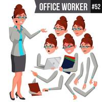 Office Worker Vector. Woman. Happy Clerk, Servant, Employee. Business Human. Face Emotions, Various Gestures. Animation Creation Set. Isolated Character Illustration vector