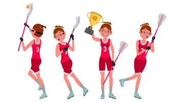 Women s lacrosse Vector. Lacrosse Practice. Teammates. Aggressive Women s player. Professional Athlete. Isolated Flat Cartoon Character Illustration