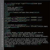 HTML Simple Code Vector. Colorful Abstract Program Tags In Developer View. Screen Of Colored Lighted Syntax Of Source Code Script. Black Background. vector