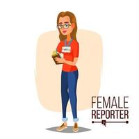 vector de periodista femenina. micrófono. reportero profesional aislado ilustración de personaje de dibujos animados plana