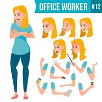 Office Worker Vector. Woman. Happy Clerk, Servant, Employee. Business Human. Face Emotions, Various Gestures. Animation Creation Set. Isolated Character Illustration vector