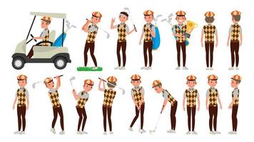 Classic Golf Player Vector. Swing Shot On Course. Diferent Poses. Flat Cartoon Illustration vector