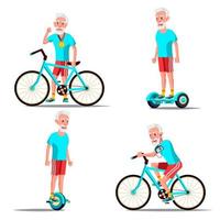 anciano montando hoverboard, vector de bicicleta. actividad deportiva al aire libre de la ciudad. scooter giroscópico, bicicleta. Respetuoso del medio ambiente. estilo de vida saludable. ilustración aislada