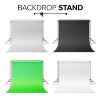 Photo Studio Hromakey Set Vector. Modern Photo Studio. Black, White, Green Backdrop Stand Tripods. Realistic 3D Template Mock Up. Isolated Illustration vector
