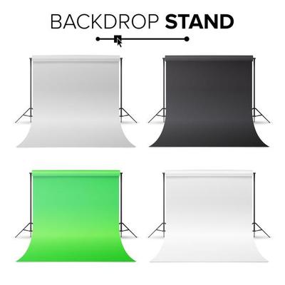 Photo Studio Hromakey Set Vector. Modern Photo Studio. Black, White, Green Backdrop Stand Tripods. Realistic 3D Template Mock Up. Isolated Illustration