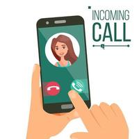 Incoming Call Vector. Woman Face On Mobile Smartphone Screen. Calling Application Interface. Digital Conversation. Friends Communication. Wireless Talking. Isolated Flat Cartoon Illustration vector