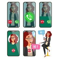 Online Call Vector. Woman Face. Mobile Screen. Video, Voice Chatting Online. Speaking. Calling Application Interface. On-line Chat App. Communication. Bubble Speeches. Wireless Talking. Illustration
