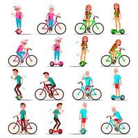 People Riding Hoverboard, Bicycle Vector. City Bike. Outdoor Sport Activity. Gyro Scooter. Activity. Two-Wheel Electric Self-Balancing Scooter. Eco Friendly. Isolated Illustration vector
