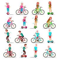 gente montando hoverboard, vector de bicicleta. bicicleta de ciudad actividad deportiva al aire libre. scooter giroscópico. actividad. Patinete eléctrico de dos ruedas con autoequilibrio. Respetuoso del medio ambiente. ilustración aislada