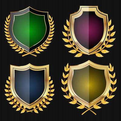 Golden Shield Set With Laurel Wreath. Vector