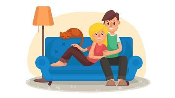 Home Cinema Vector. Home Room With TV Screen. Using Television Together. Online Home Movie. Cartoon Character Illustration vector