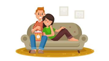 vector de cine en casa. habitación de casa con pantalla de tv. usando la televisión juntos. Película casera en línea. ilustración de personaje de dibujos animados