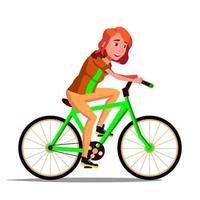 Teen Girl Riding On Bicycle Vector. Healthy Lifestyle. Bikes. Outdoor Sport Activity. Isolated Illustration vector