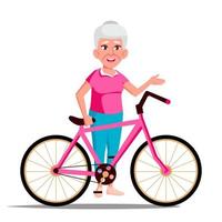 anciana con vector de bicicleta. bicicleta de ciudad actividad deportiva al aire libre. Respetuoso del medio ambiente. ilustración aislada