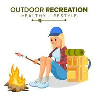 Hiking Girl Vector. Sports, Outdoor Recreation Concept. Hiking Tourist. Cartoon Character Illustration vector