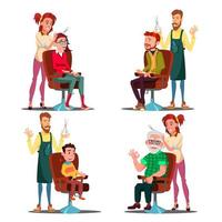 Hairdresser With Client Set Vector. Boy, Teen, Woman, Old Man. Professional Fashion Stilist. Service. Isolated Flat Cartoon Illustration vector