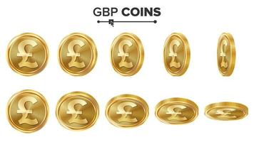GBP 3D Gold Coins Vector Set. Realistic Illustration. Flip Different Angles. Money Front Side. Investment Concept. Finance Coin Icons, Sign, Success Banking Cash Symbol. Currency Isolated On White