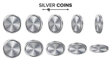 Empty 3D Silver Coins Vector Blank Set. Realistic Template. Flip Different Angles. Investment, Web, Game App Interface Concept. Coin Icon, Sign, Banking Cash Symbol. Currency Isolated