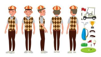 Golf Player Vector. Playing Golfer Male. Different Poses. Isolated Flat Cartoon Character Illustration vector