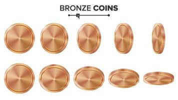 bronce 3d vacío, juego en blanco vectorial de monedas de cobre. plantilla realista. voltear diferentes ángulos. inversión, web, concepto de interfaz de aplicación de juego. icono de moneda, signo, símbolo de efectivo bancario. moneda aislada vector