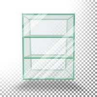 Empty Transparent Glass Box Cube Vector. 3D Realistic Glass Showcase With Shelves. vector