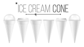 cono de helado blanco se burlan del vector establecido. para helado, crema agria. Contenedor de cono de cubo de comida diferente. blanco vacío en blanco. ilustración aislada.