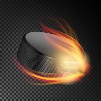 Realistic Ice Hockey Puck In Fire. Burning Hockey Puck On Transparent Background. Vector Illustration