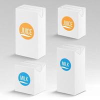 Juice and Milk Package Vector Realistic Mock Up Template. Carton Branding Box 1000 ml and 200 ml. White Empty Clean Cardboard Package Drink Small Juice, Milk Box Blank Isolated. Vector Illustration.