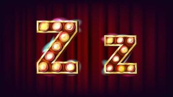 Z Letter Vector. Capital, Lowercase. Font Marquee Light Sign. Retro Shine Lamp Bulb Alphabet. 3D Electric Glowing Digit. Vintage Gold Illuminated Light. Carnival, Circus, Casino Style. Illustration vector