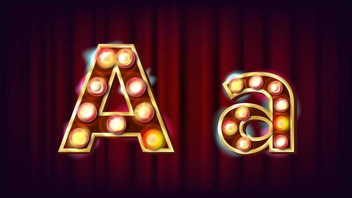 A Letter Vector. Capital, Lowercase. Font Marquee Light Sign. Retro Shine Lamp Bulb Alphabet. 3D Electric Glowing Digit. Vintage Gold Illuminated Light. Carnival, Circus, Casino Style. Illustration