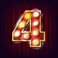 4 Number Vector. Four Font Marquee Light Sign. Realistic Retro Shine Lamp Bulb. 3D Electric Glowing Digit. Vintage Golden Illuminated Neon Light. Circus, Casino, Slot Style. Alphabet Illustration vector