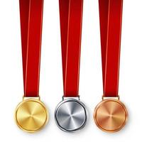 Champion Medals Blank Set Vector. Metal Realistic First, Second Third Placement Prize. Classic Empty Medals Concept. Red Ribbon, Laurel Wreath. Sport Game Golden, Silver, Bronze Achievement Template vector