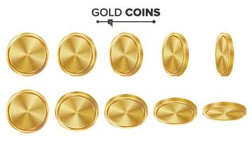 Empty Gold Coins Vector Set. Realistic Template Illustration. Flip Different Angles. Blank Money Front Side. Investment Concept. Finance Coin Icon, Sign, Success Banking Cash Symbol. Currency Isolated