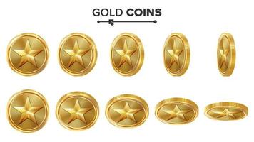 Game 3D Gold Coin Vector With Star. Flip Different Angles. Achievement Coin Icons, Sign, Success, Winner, Bonus, Cash Symbol. Illustration Isolated On White. For Web, Game Or App Interface.