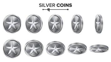 Game 3D Silver Coin Vector With Star. Flip Different Angles. Achievement Coin Icons, Sign, Success, Winner, Bonus, Cash Symbol. Illustration Isolated On White. For Web, Game Or App Interface.