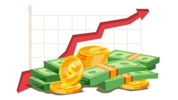 montón de vector de efectivo. concepto de gráfico ascendente rojo. el crecimiento del negocio. éxito financiero de la banca de inversión. ilustración plana aislada