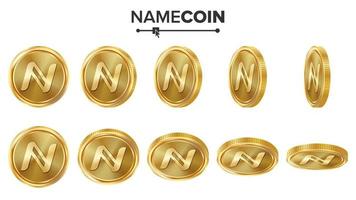 juego de vectores de monedas de oro 3d namecoin. realista. voltear diferentes ángulos. dinero en moneda digital. concepto de inversión. criptografía finanzas moneda iconos, signo. cadena de bloques fintech. moneda aislado en blanco