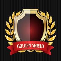 Golden Shield With Laurel Wreath And Red Ribbon. Vector Illustration