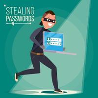 Thief Character Vector. Hacker Stealing Sensitive Data, Money From Laptop. Hacking PIN Code. Hacking Internet Social Network. Breaking, Attacking. Flat Cartoon Illustration vector